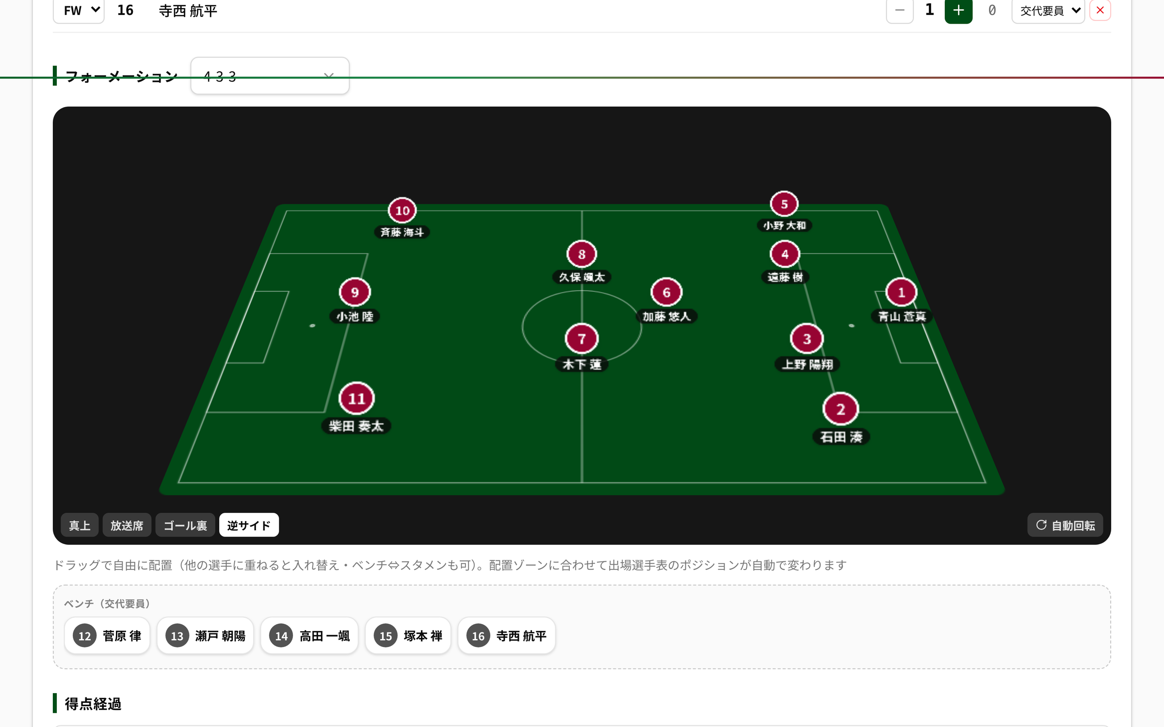 同じ配置を「逆サイド」アングルで表示した実画面。反対側の放送席から見た並びになる。